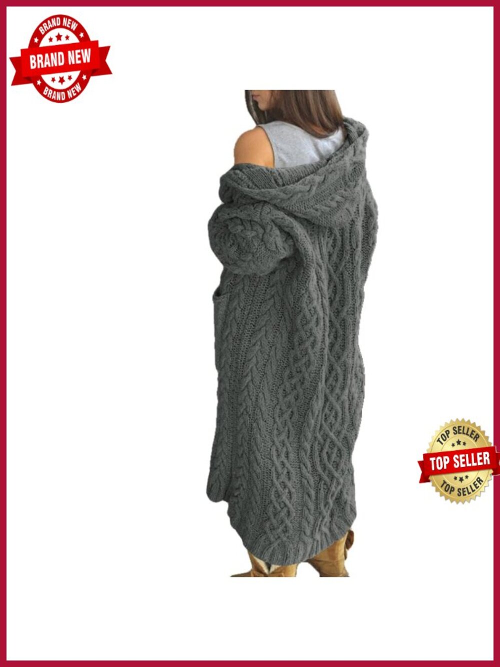 Womens Open Front Cable Knit Long Cardigan Hooded Sweater with Pockets